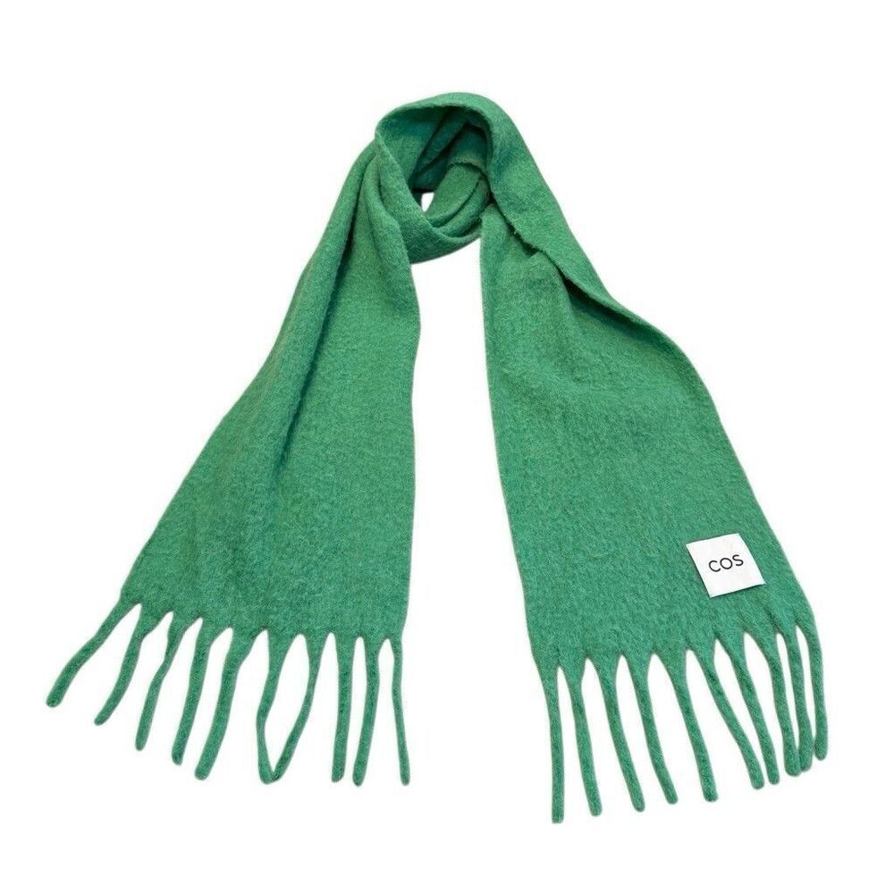 COS Women Green Fuzzy Scarf One Size Fringe 12"x80" Rectangle Infinity Warm Maxi